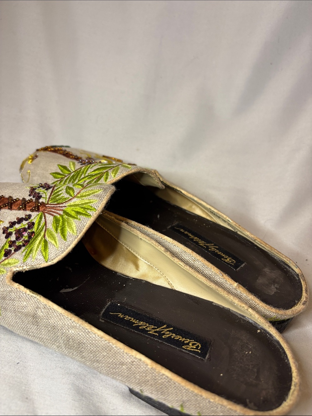 Beverly Feldman flat mules linen tropical monkey and palm tree embroidery 9 - Picture 7 of 9
